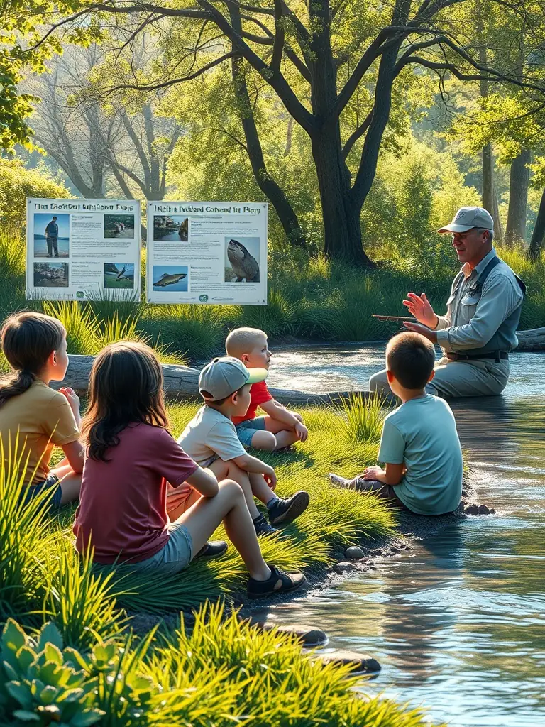 A workshop where children are learning about responsible fishing techniques and the importance of conservation, led by experienced anglers and environmental educators.