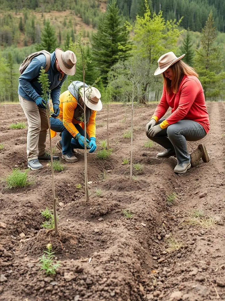 A photograph of LA TRUITE D'OBJAT members working on habitat restoration, planting native vegetation along a riverbank to improve spawning grounds for trout. The image should highlight the hands-on approach to conservation.