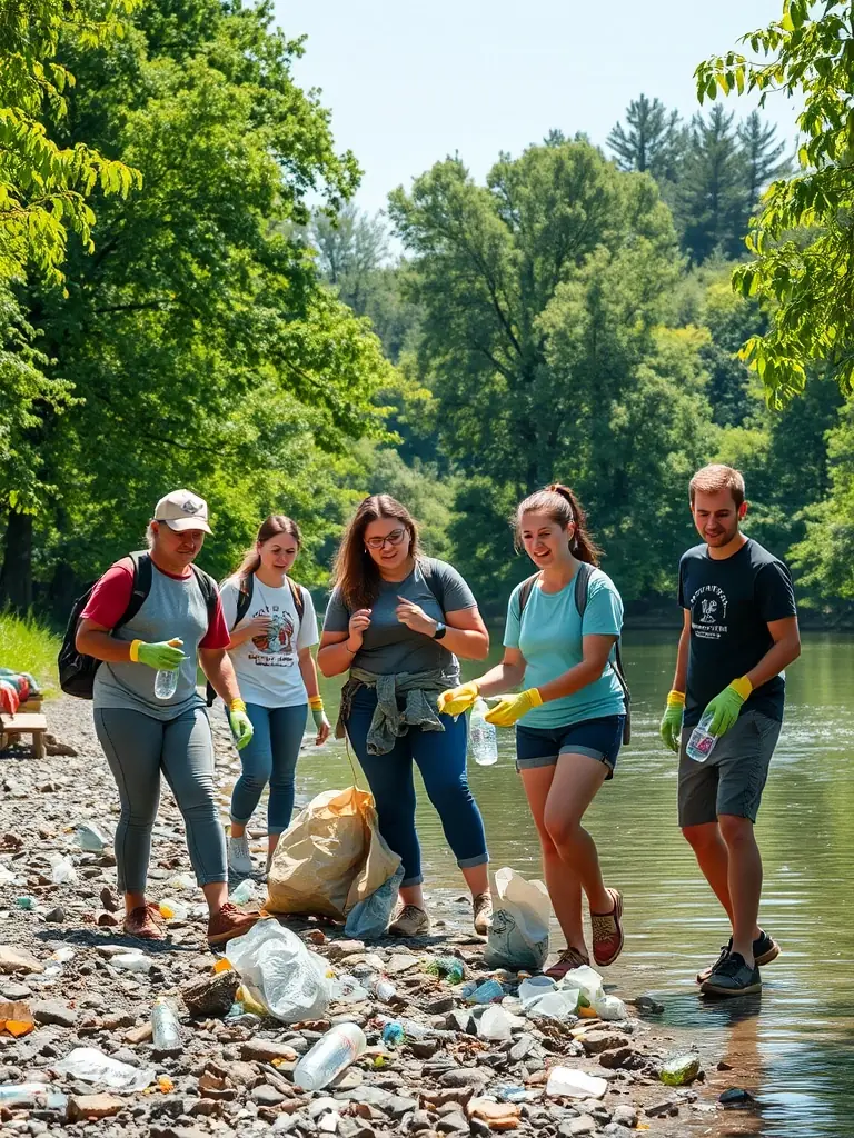 A group of volunteers participating in a river cleanup, removing trash and debris from the riverbank, showcasing LA TRUITE D'OBJAT's commitment to environmental stewardship.