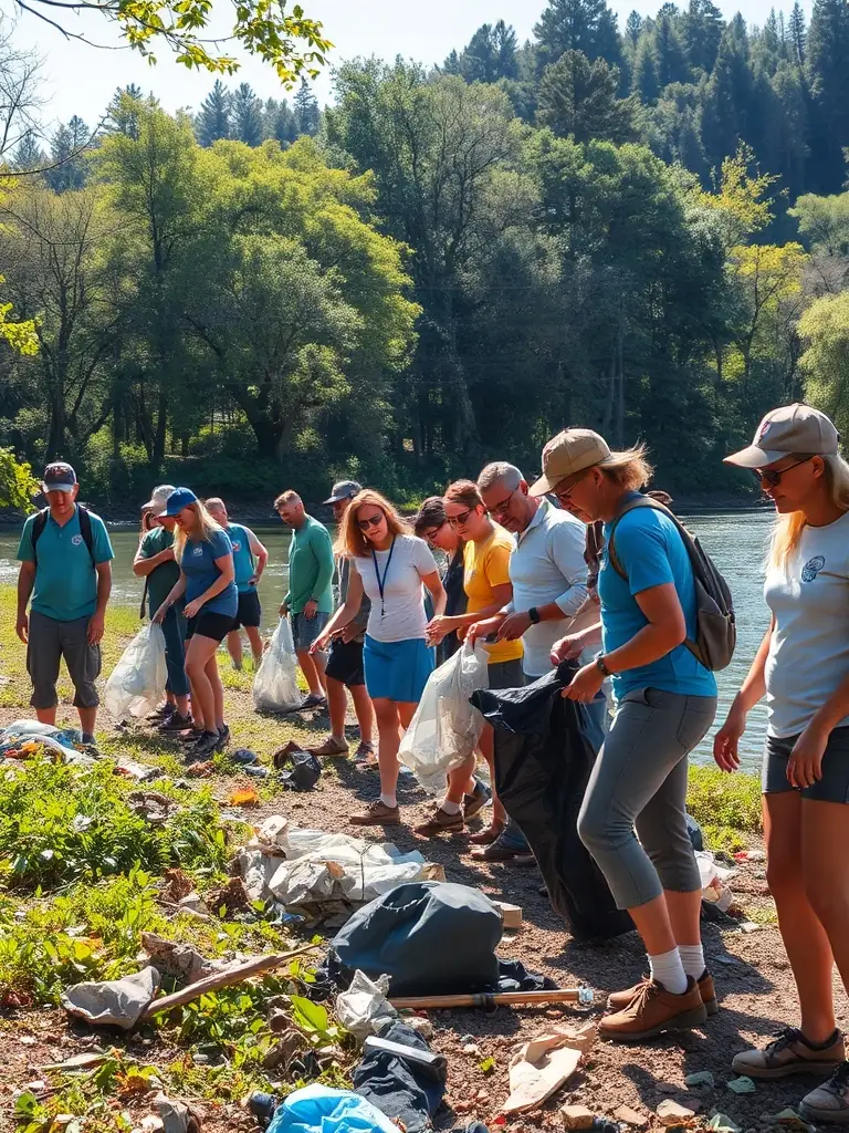 A photograph showcasing volunteers participating in a river cleanup, removing debris and restoring the natural habitat along the banks of a local river in Objat, France. The image should convey a sense of community involvement and environmental stewardship.