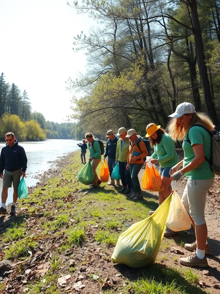 A group of volunteers participating in a river cleanup, removing trash and debris to improve the aquatic habitat for fish and other wildlife. The scene is bright and sunny, showcasing community involvement.