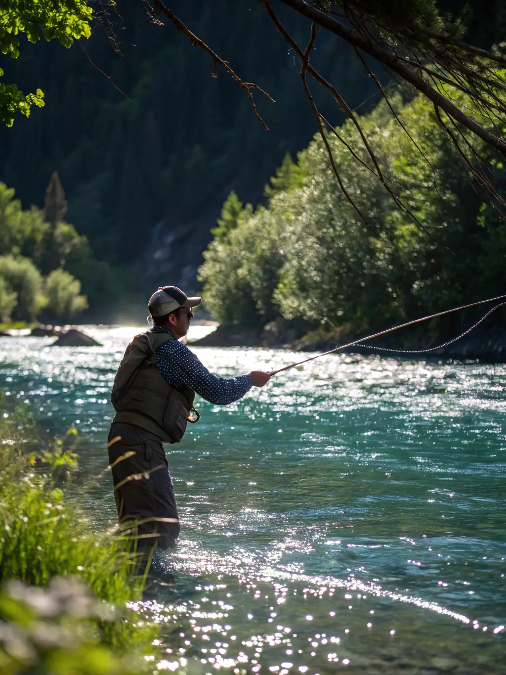 Anglers releasing a tagged fish back into the water, demonstrating LA TRUITE D'OBJAT's involvement in scientific research and monitoring of fish populations.