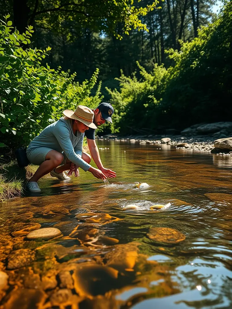 A photograph capturing volunteers releasing trout into a clear, flowing river, emphasizing the restocking efforts of LA TRUITE D'OBJAT.