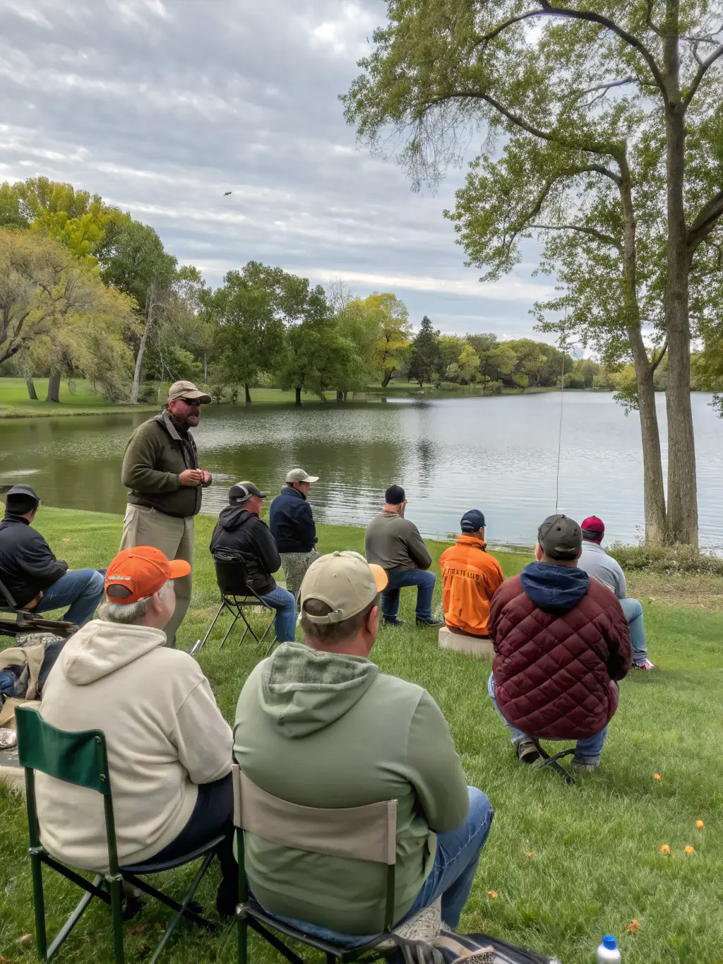A photograph of a group of children learning about responsible angling practices during a workshop organized by LA TRUITE D'OBJAT. The image should capture the educational aspect and the engagement of young participants.