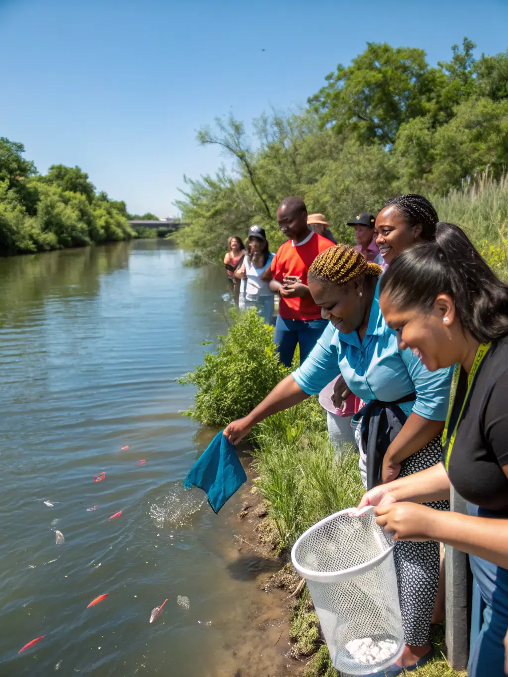 A photograph of a fish population monitoring activity, showing LA TRUITE D'OBJAT members collecting data on fish species and abundance in a local river. The image should convey the scientific aspect of the organization's work.