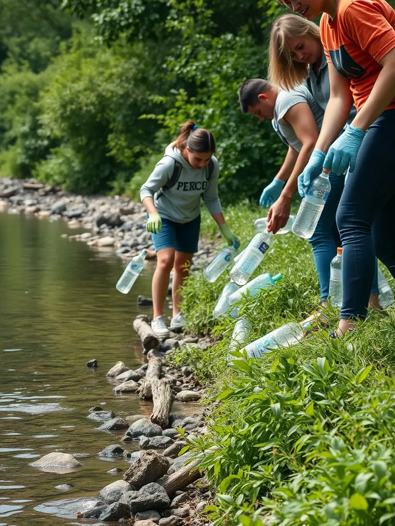 An image of volunteers cleaning up debris along a riverbank, showcasing the habitat restoration efforts of the organization.
